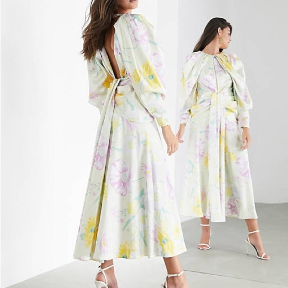 ASOS Cream Pastel Yellow Floral Satin Draped Open Back Long Sleeve Maxi Dress